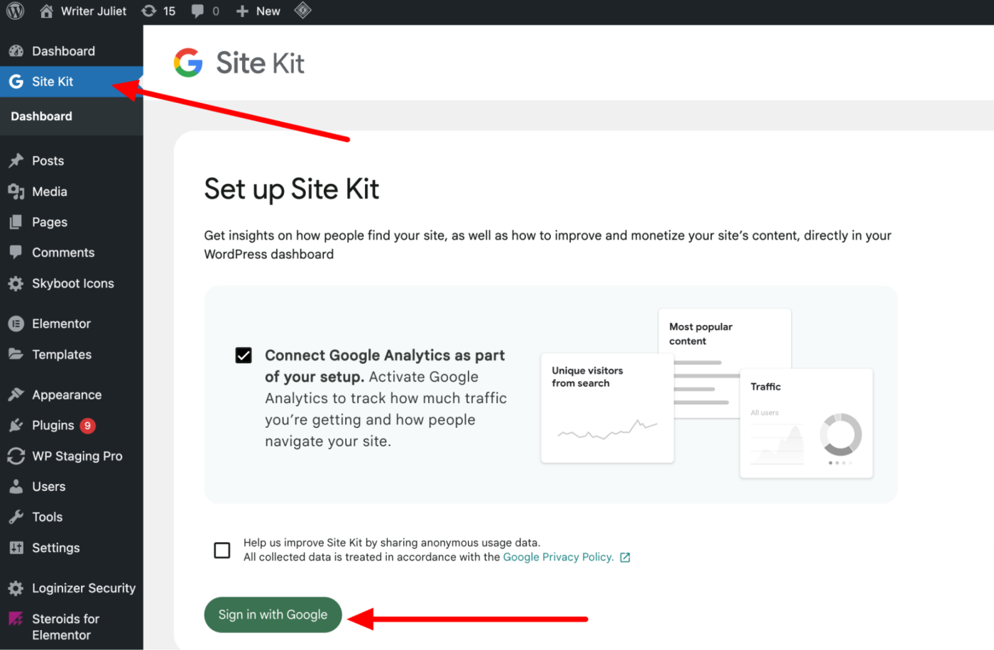 The Site Kit plugin in WordPress. 