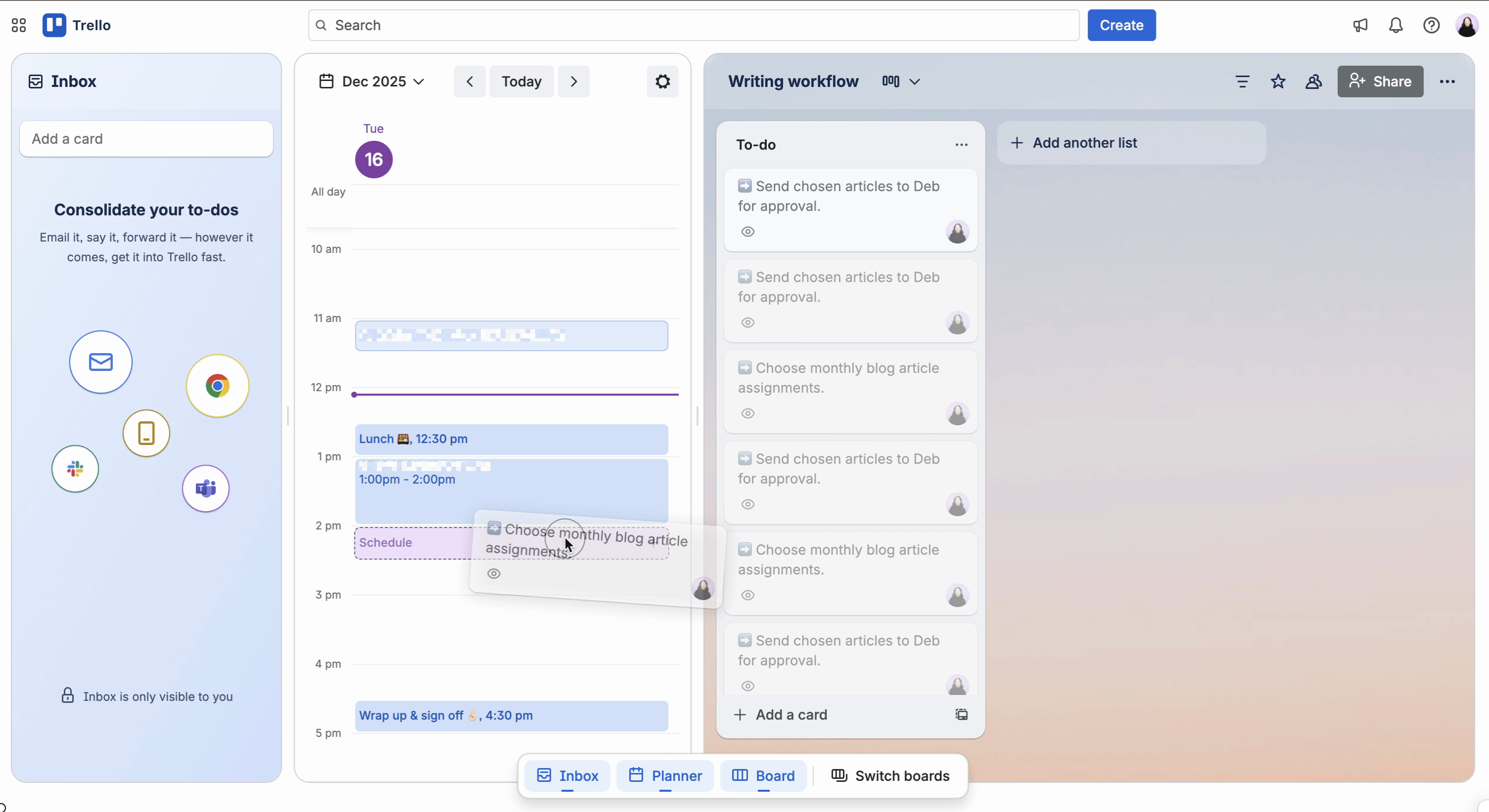 Dragging a Trello card into the Trello Planner. 