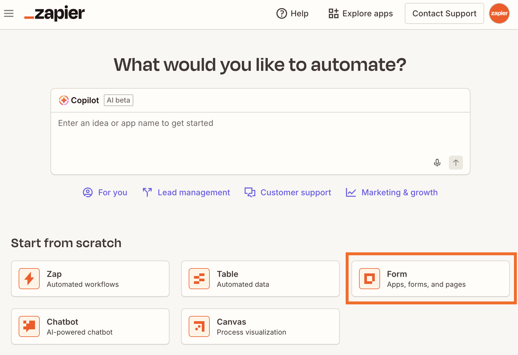 Zapier homepage with a Copilot search box and a grid of tools, showing the Form card outlined in orange