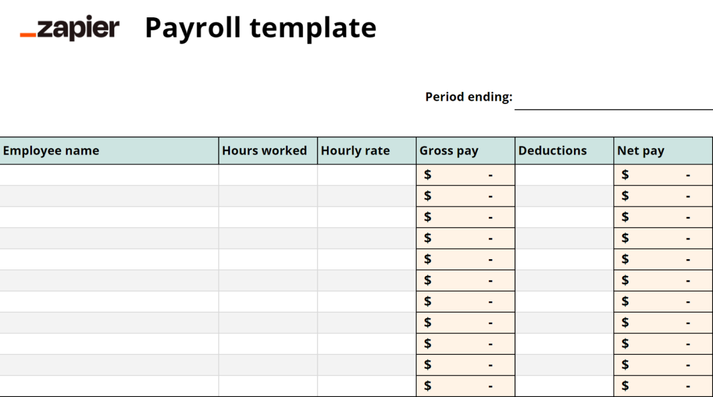 Screenshot of Zapier’s payroll Google Sheets template