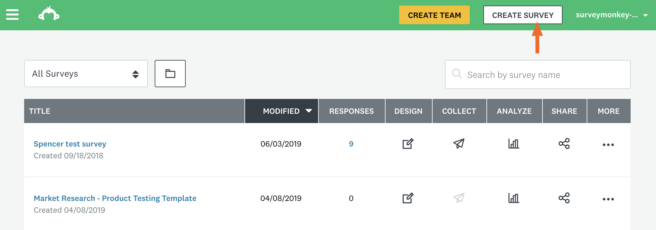 Create Survey button in SurveyMonkey