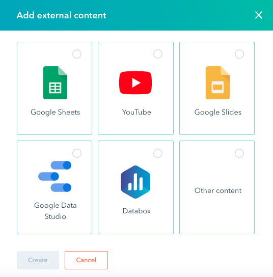 The content embed options in HubSpot: Google Sheets, YouTube, Google Slides, Google Data Studio, Databox, Other content