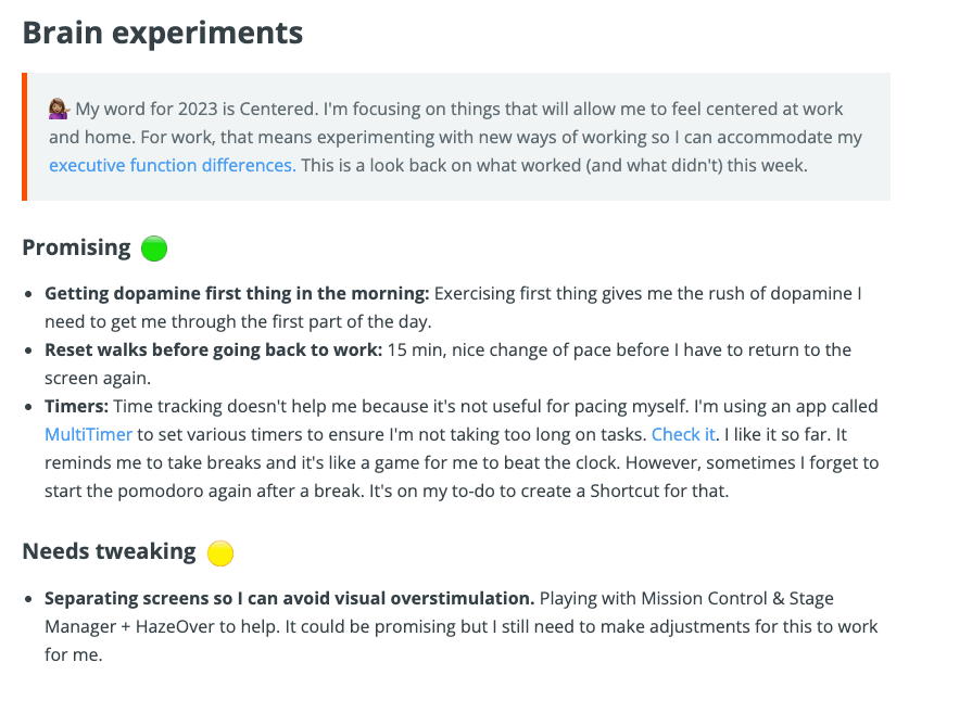 Track the results of a productivity experiment in a document. 