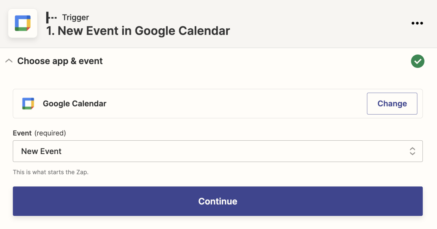 The Google Calendar app logo with New Event selected in the Event field.