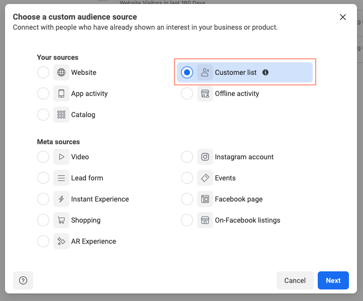 The Create a Custom Audience section with Customer list option