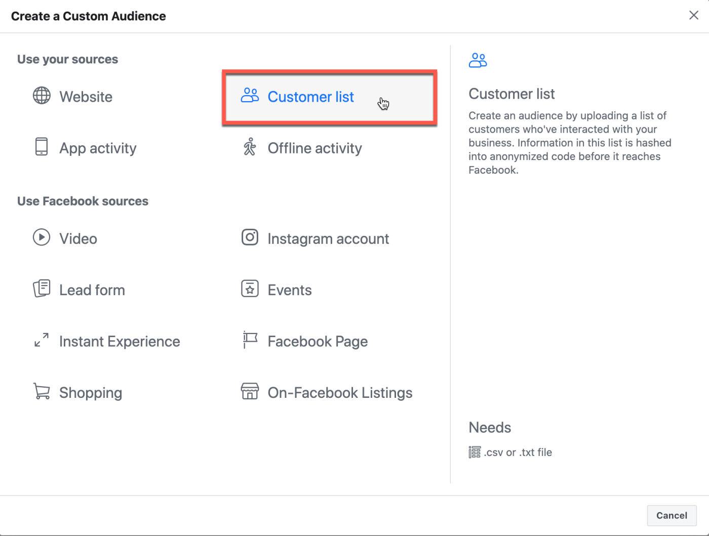 The Create a Custom Audience section with Customer List link