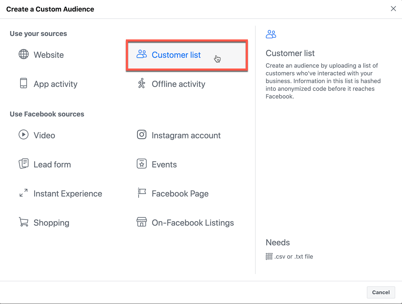 The Create a Custom Audience section with Customer List link