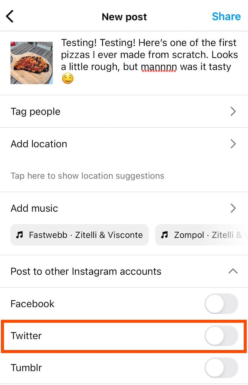 A screenshot highlighting the toggle that lets you share an Instagram post to Twitter within the Instagram app.