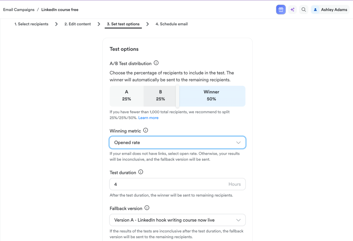 The instructions for A/B testing in Kajabi