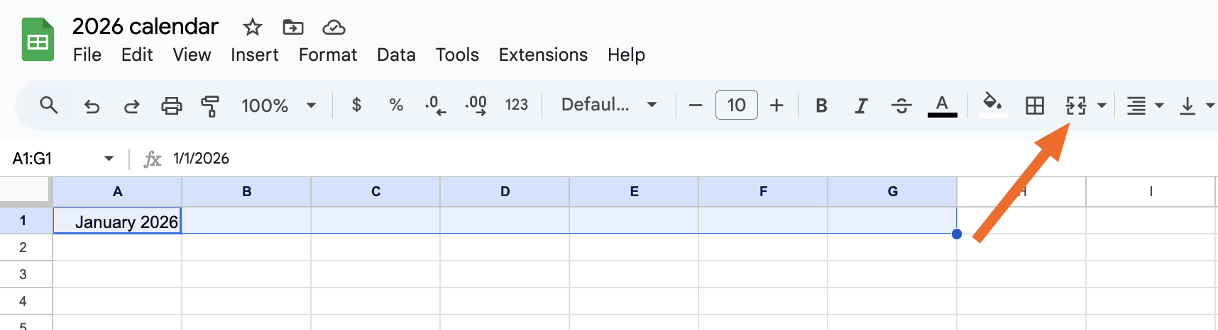 Screenshot of merge cells feature in Google Sheets