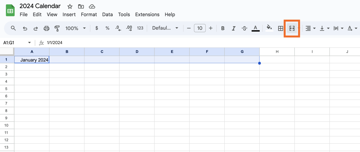 Screenshot of merge cells feature in Google Sheets