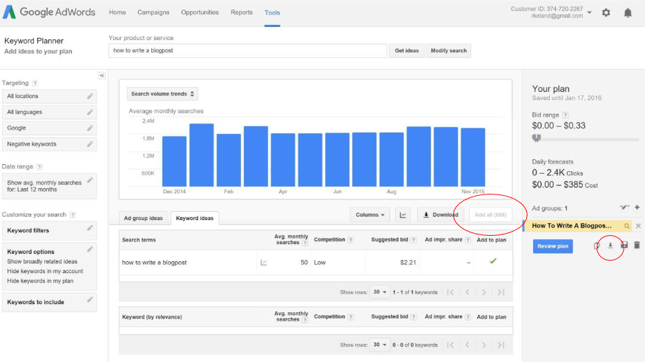 Download ideas from Google Keyword Planner