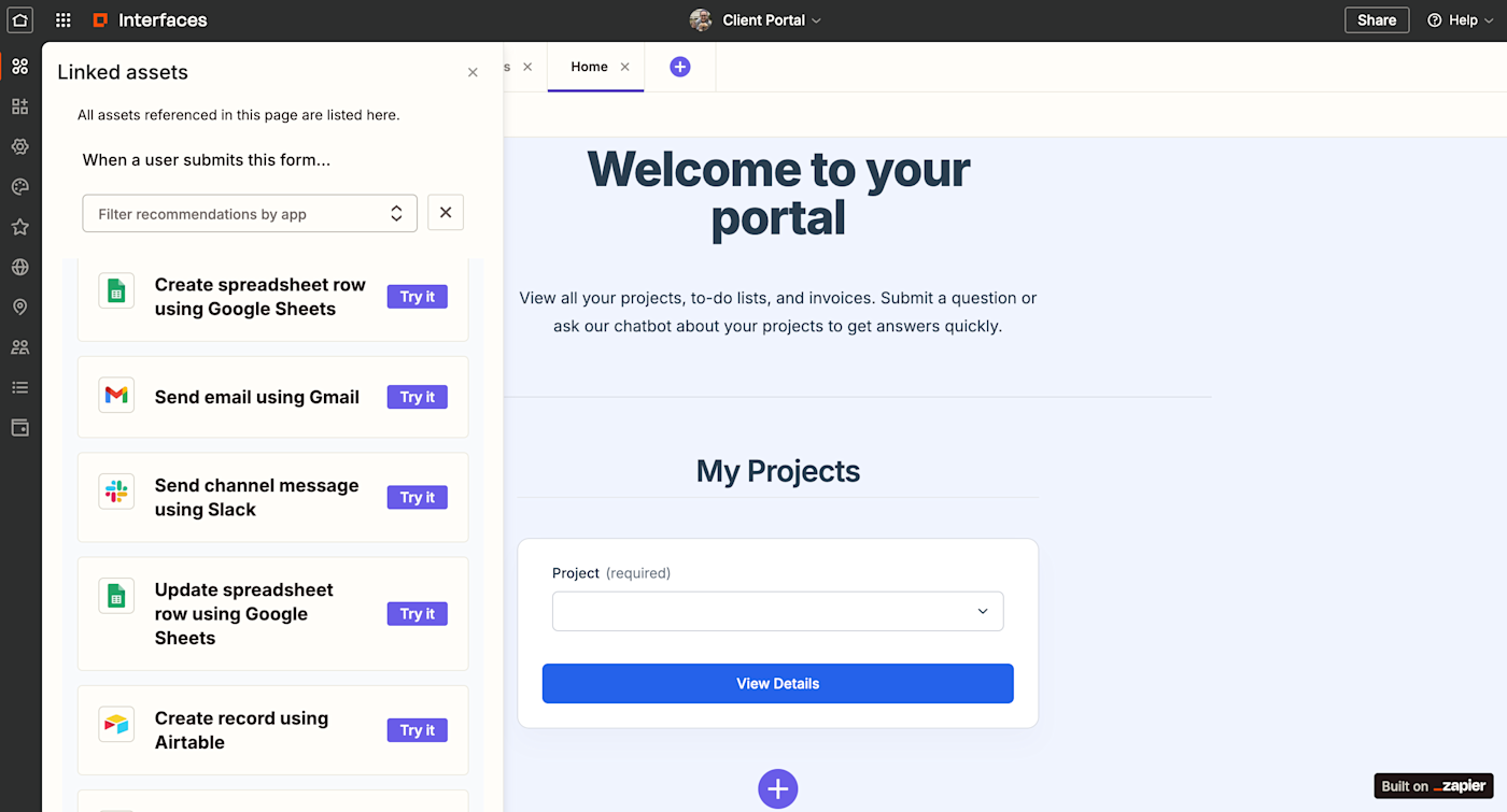 Screenshot of a Zapier client portal template