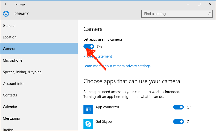Windows Camera privacy settings