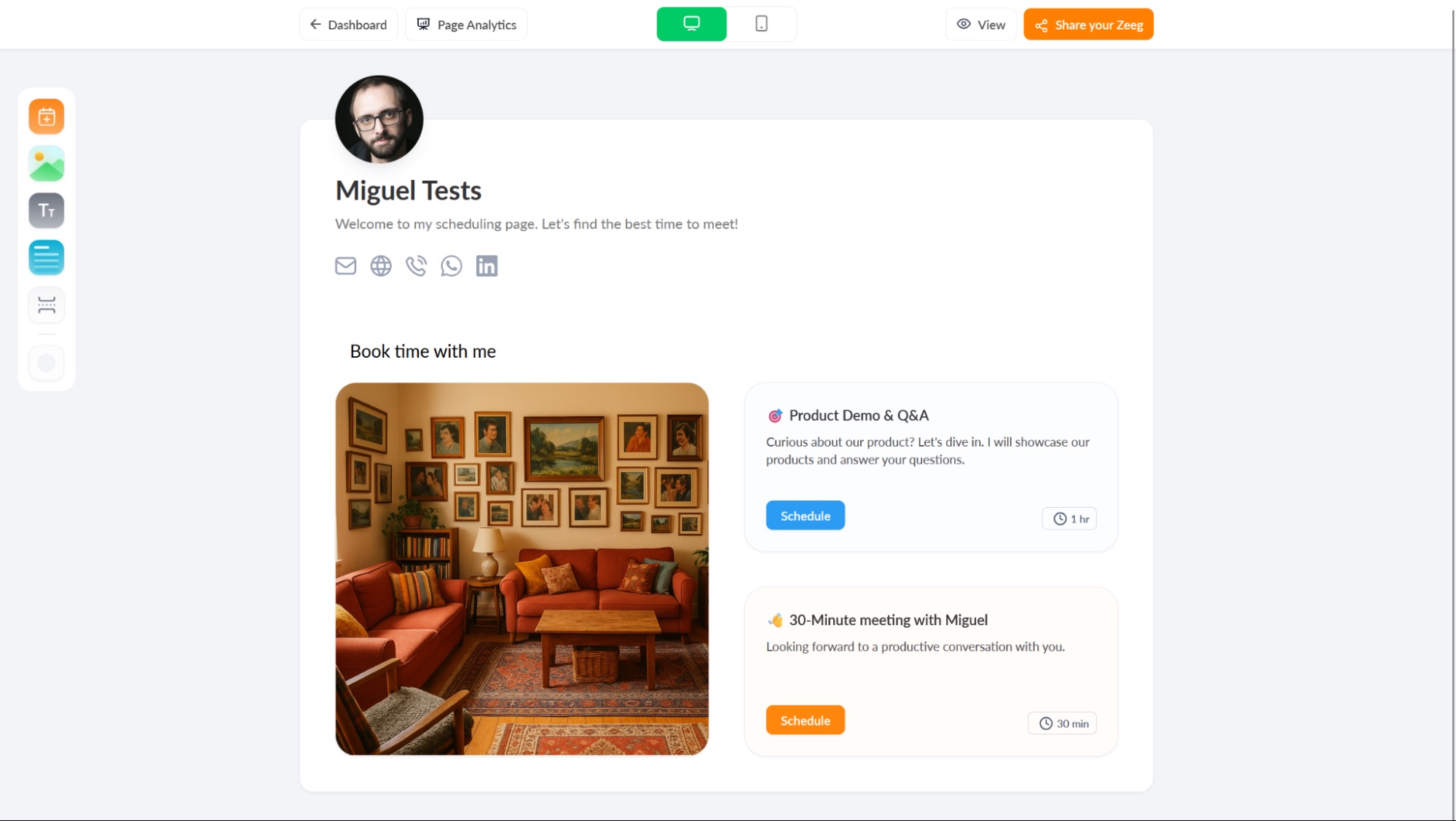 Zeeg, our pick for the best meeting scheduler for a customizable link-in-bio page
