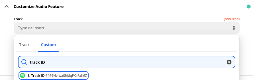 Select Track ID in the Custom section of this action.