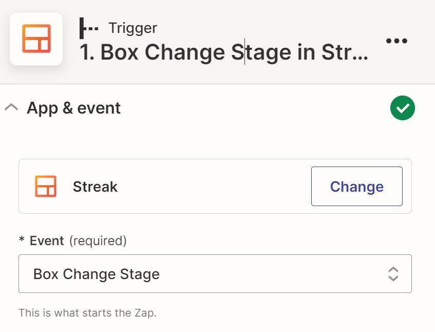 Streak has been selected with Box Change Stage selected in the Event field.