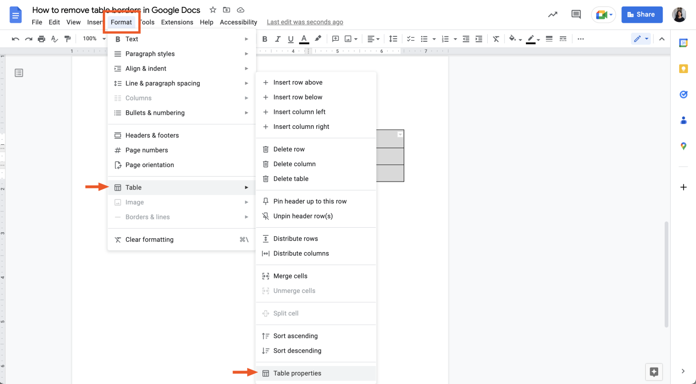 A Google Doc with the Format option highlighted. From the Format's dropdown menu, an arrow points to Table. From the Table's dropdown menu, an arrow points to Table properties.