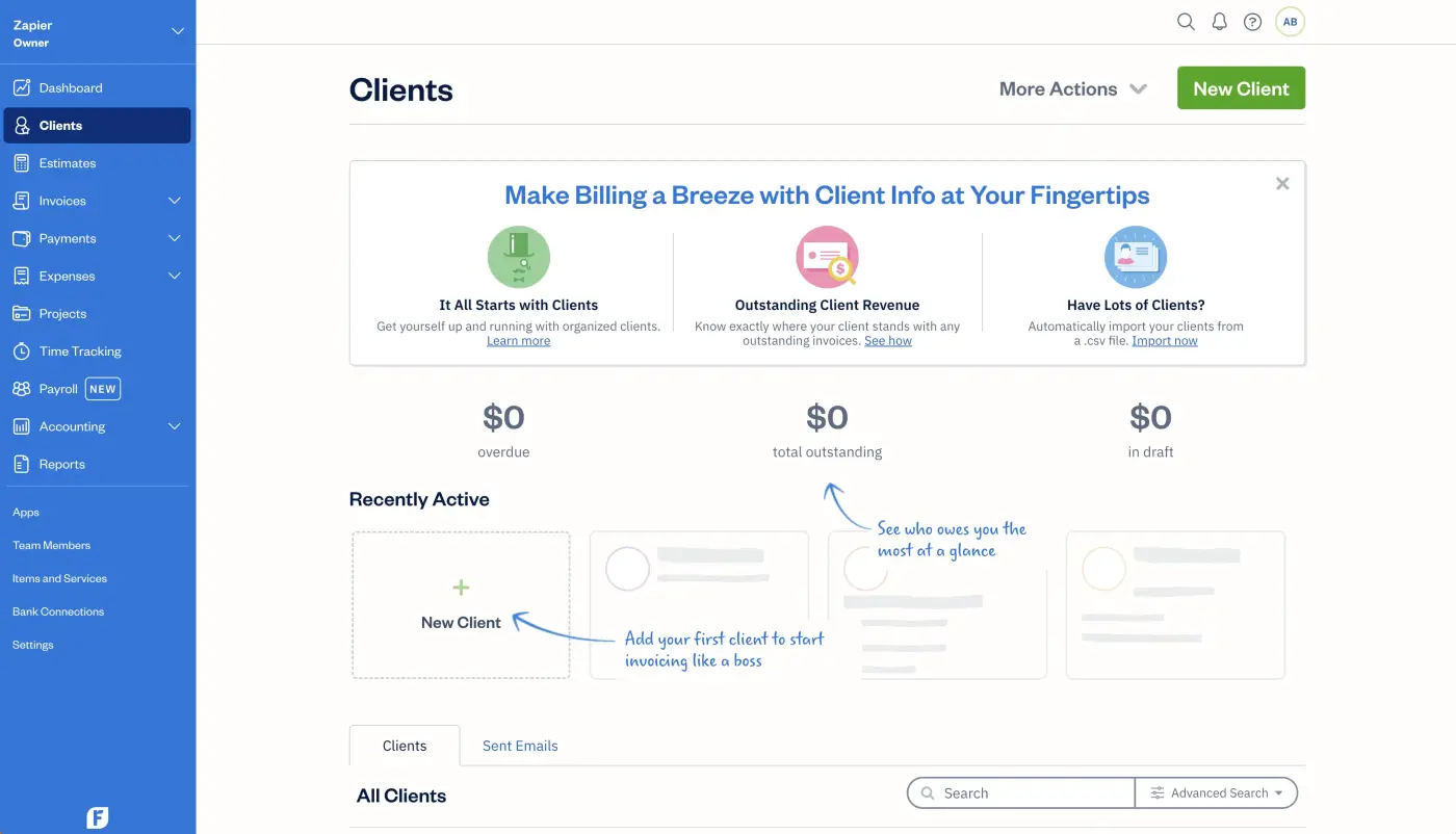 Screenshot of FreshBooks' client dashboard