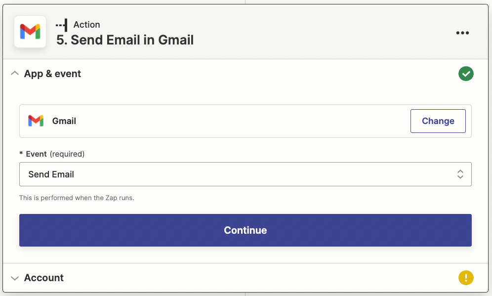 Gmail has been selected with Send Email selected in the Event field.