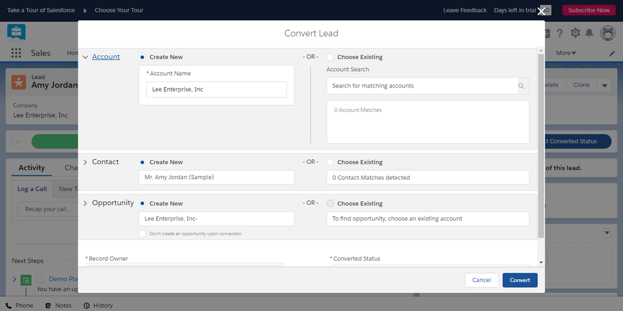 Selecting object to convert your lead to