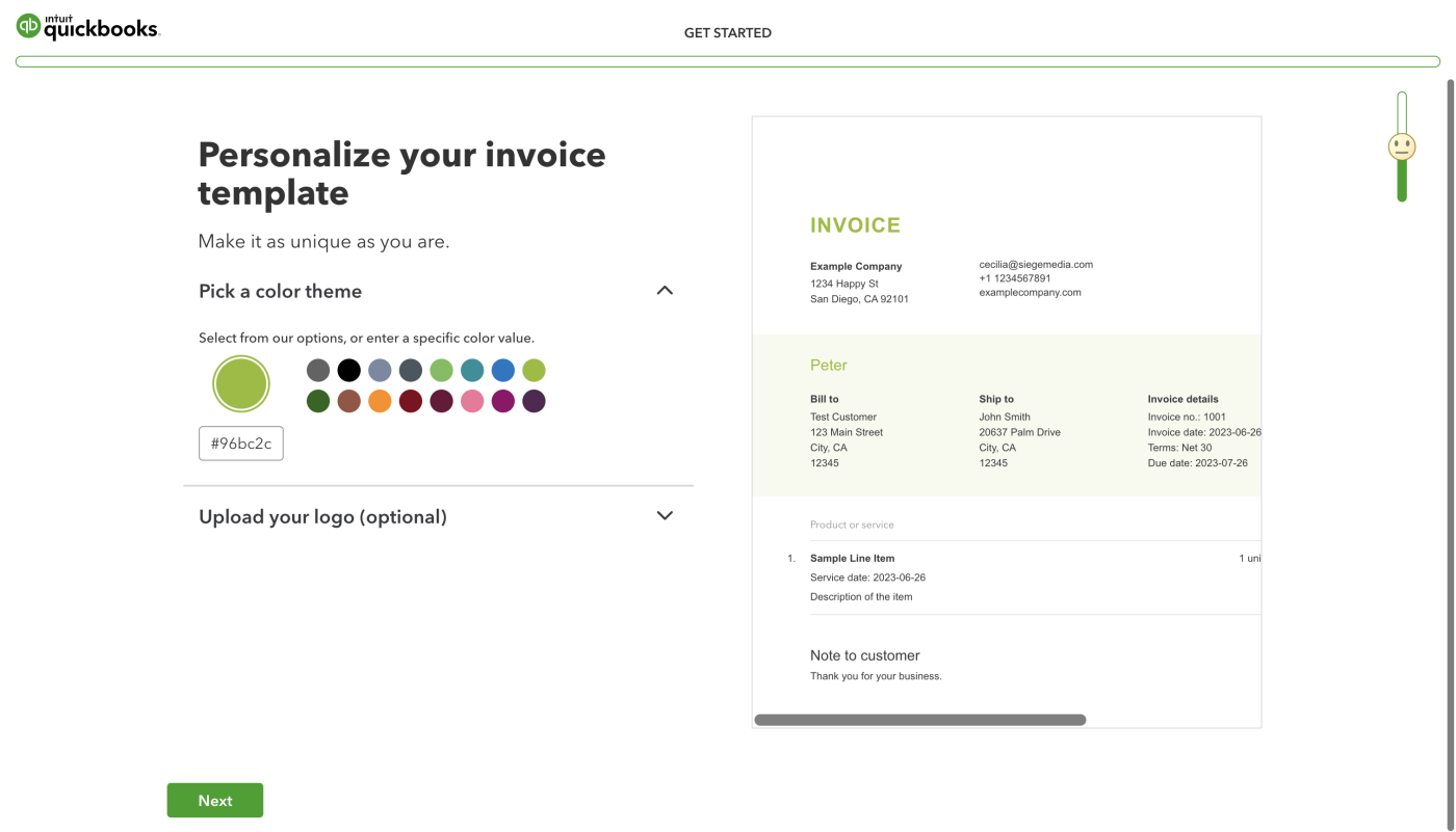 Screenshot of the Quickbooks invoice template