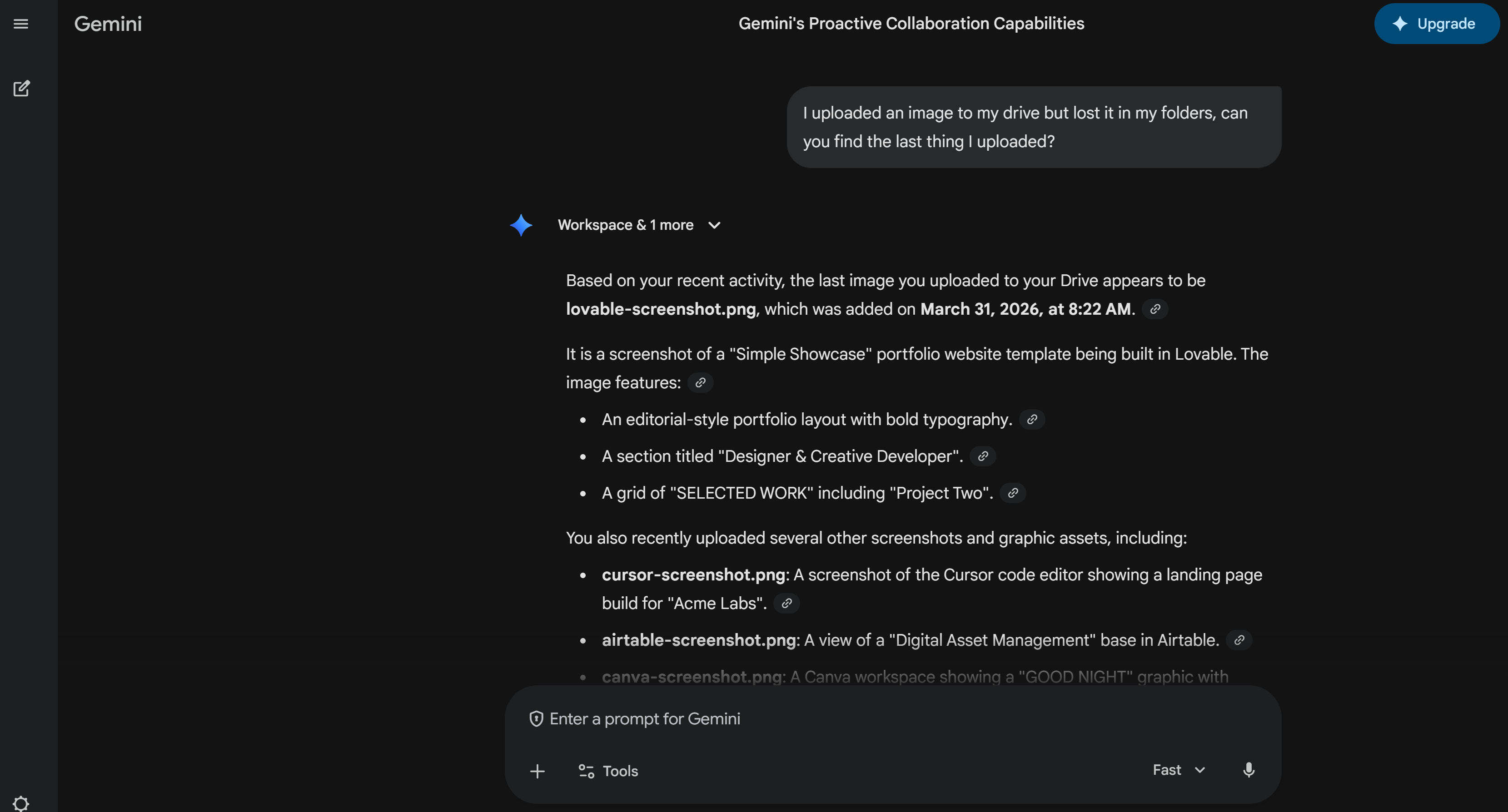 A screenshot of Gemini helping a user find images in their Google Drive folders. It was able to locate the images and link directly to them.