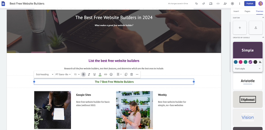 Google Sites, our pick for the the best freelancer app for website building.