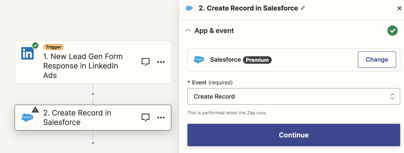 In an action step in the Zap editor, Salesforce has been selected for the action app and Create Record for the action event.