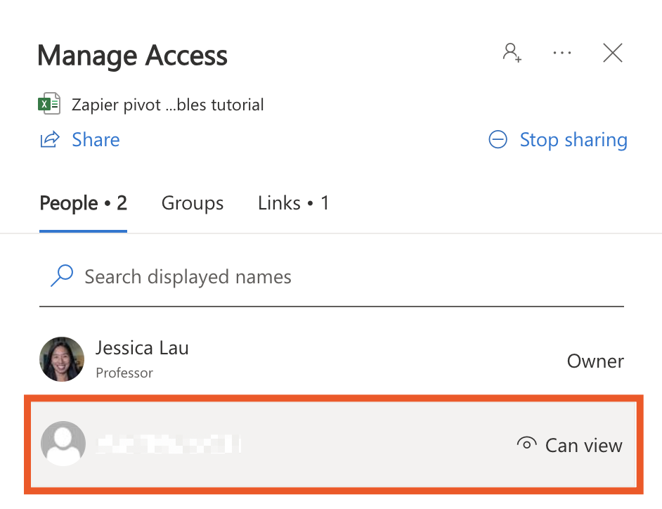 How to manage spreadsheet access for individuals in Excel online.