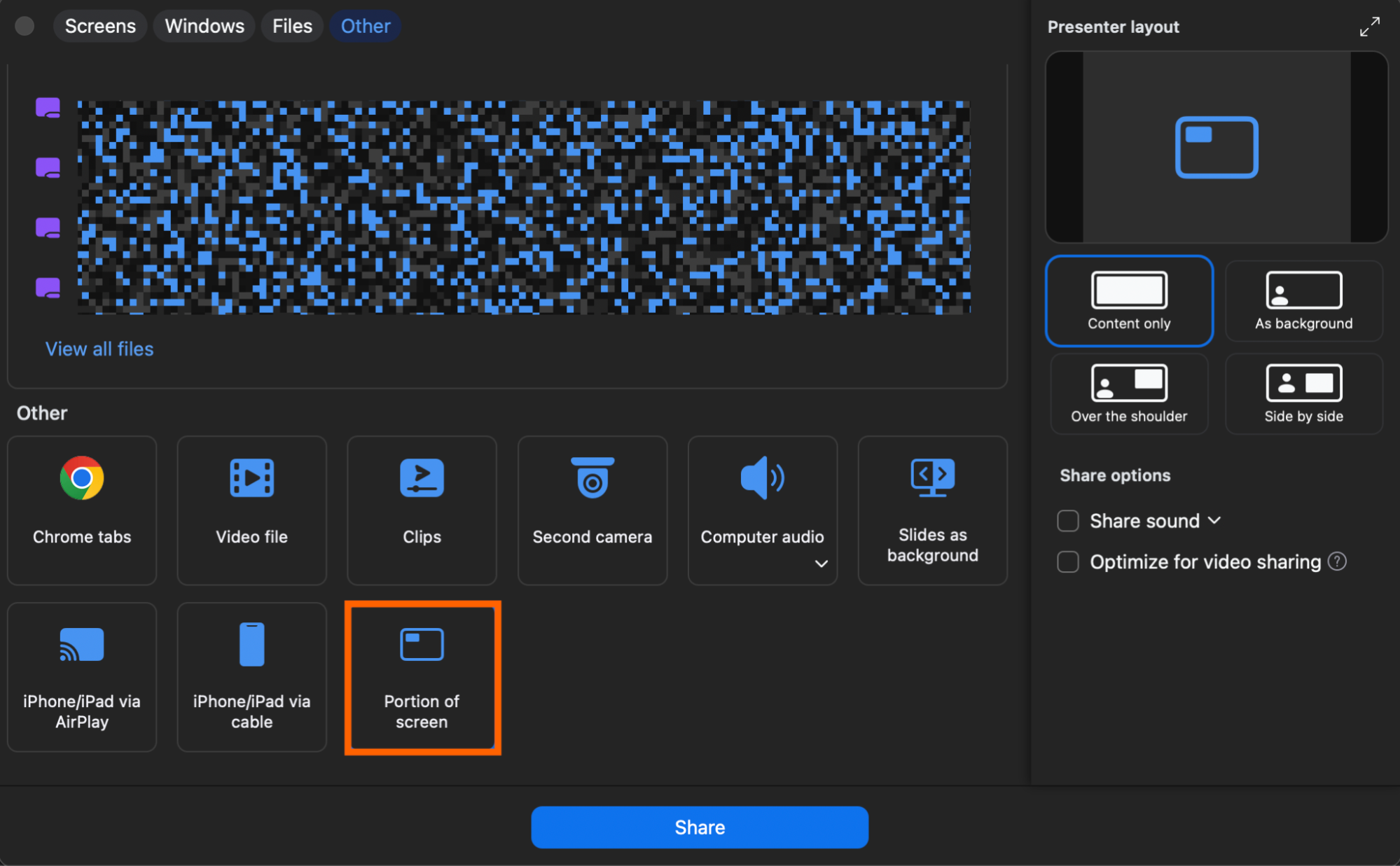 How to share a portion of your screen in Zoom share settings. 
