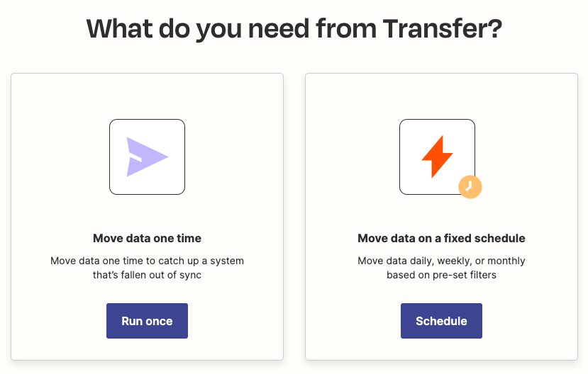 Transfer prompting the user to choose between a scheduled transfer or one-time transfer.
