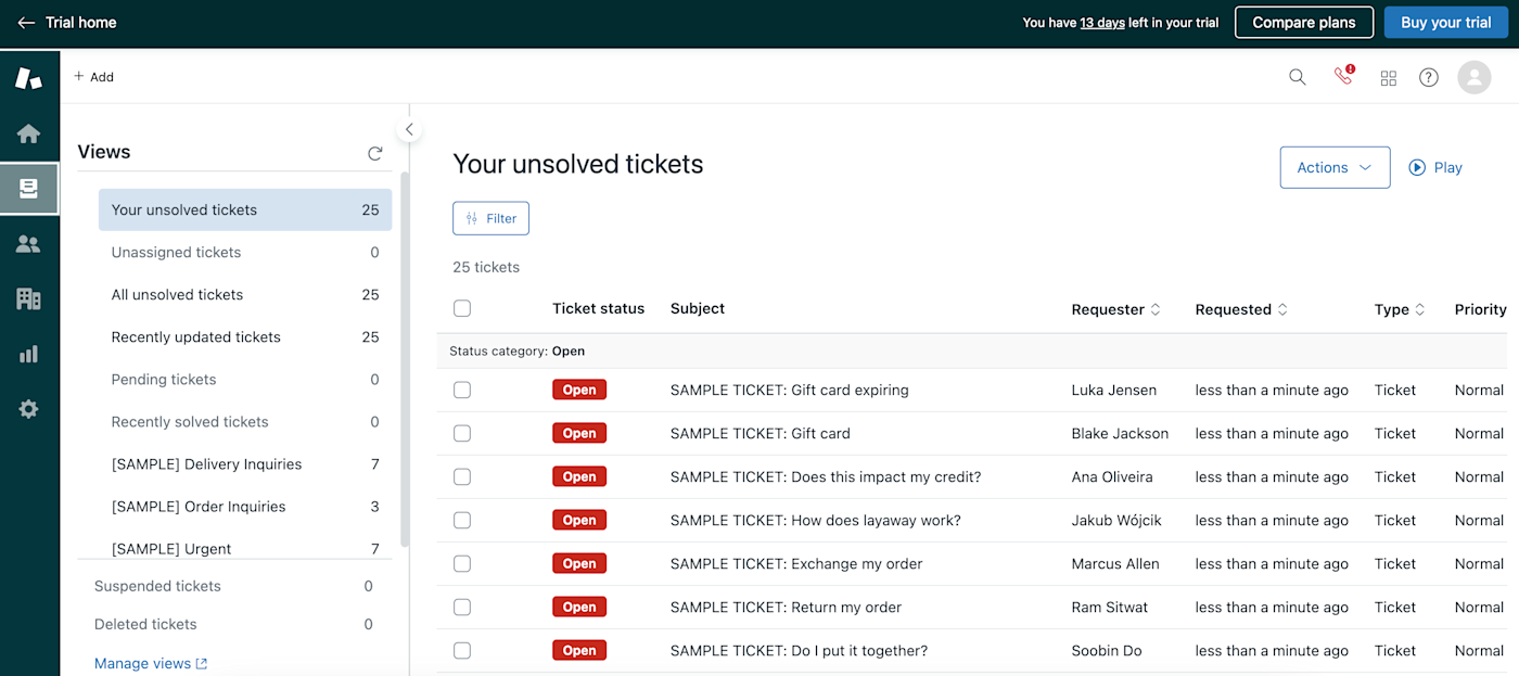 Screenshot of the Zendesk interface