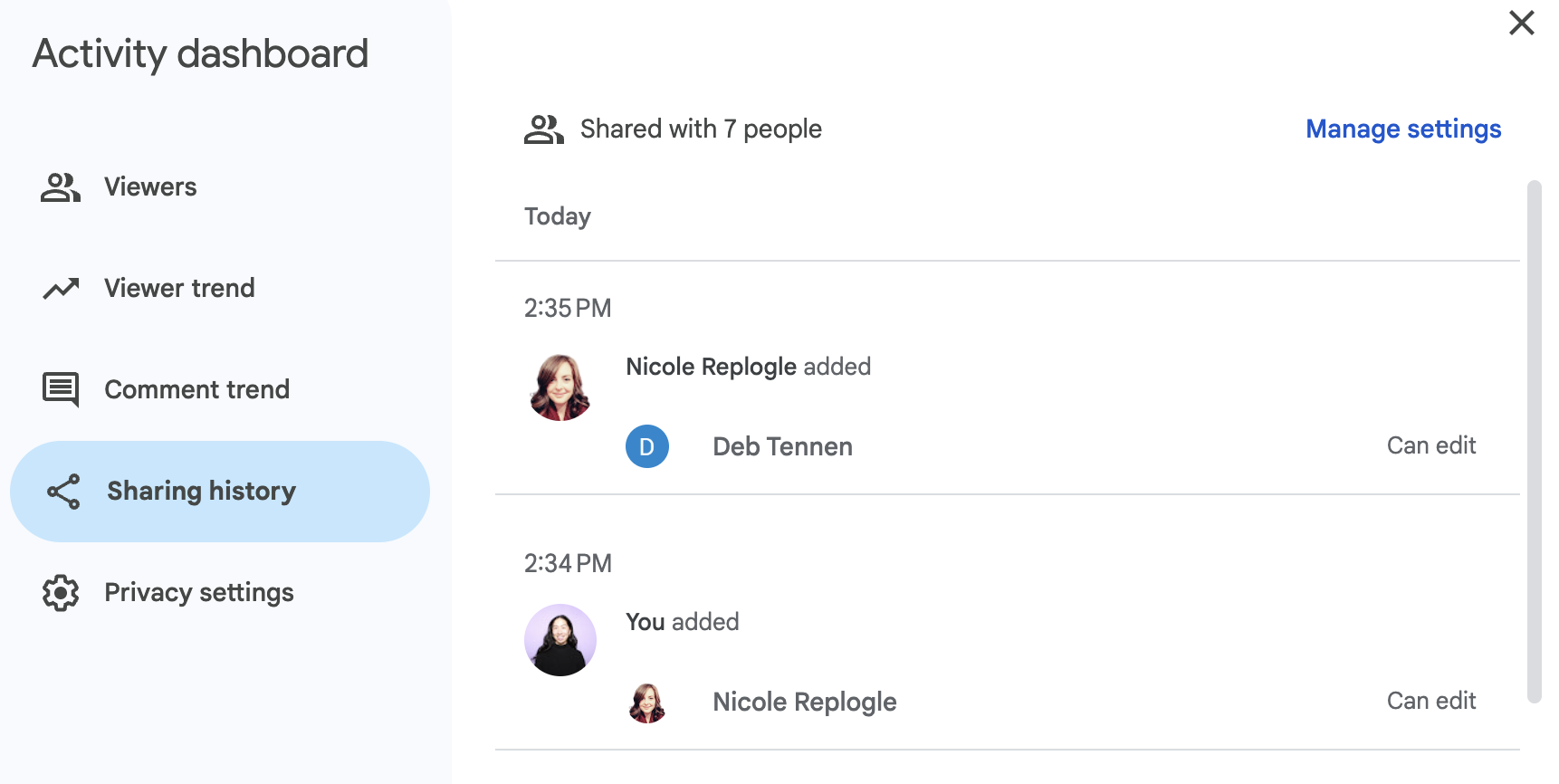 Google Docs activity dashboard displaying the share history for that doc.