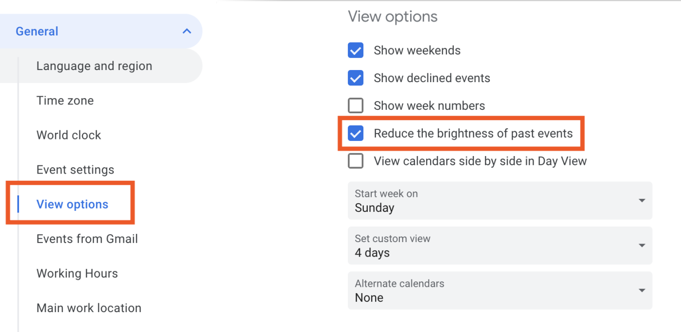 The View options section of a Google Calendar Settings page. 