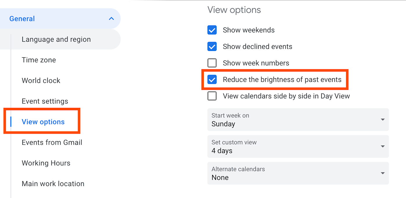 The View options section of a Google Calendar Settings page. 