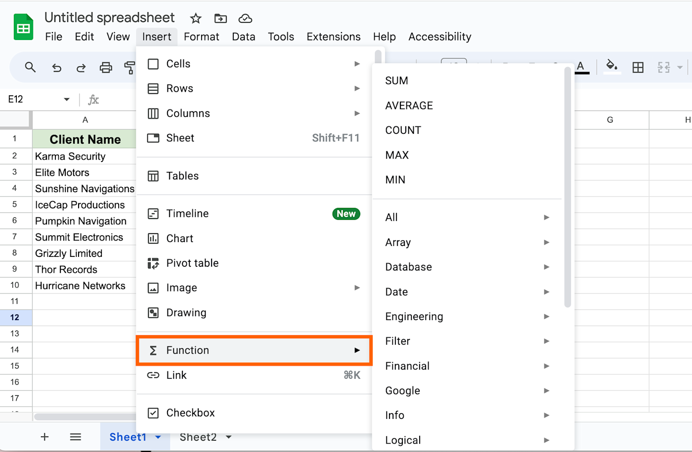 Expanded view of the function menu in Google Sheets. 