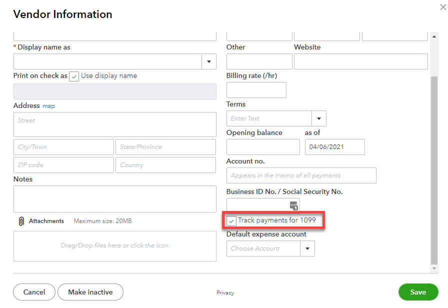 Vendor information set-up with checkbox for "Track payments for 1099"