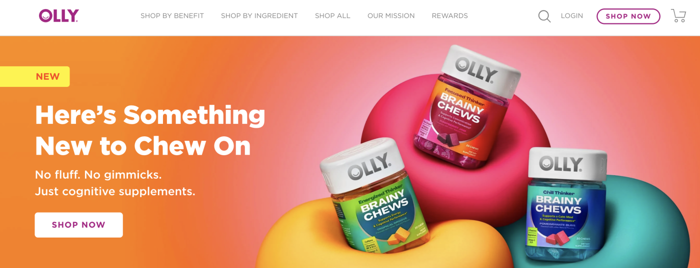 Colorful orange landing page showing Olly vitamin products 