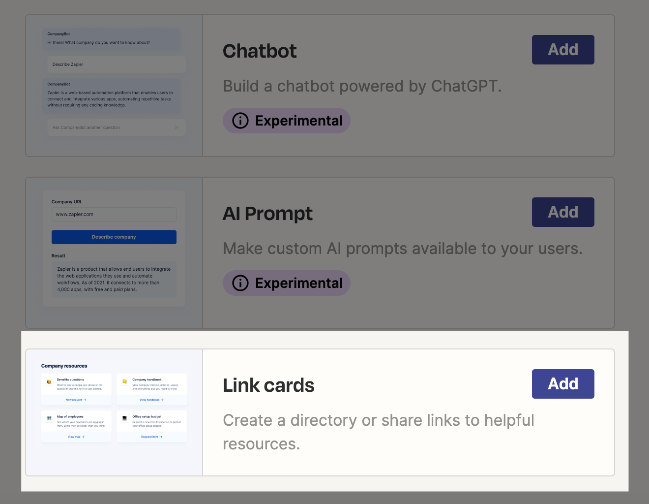 Screenshot of link cards modal in Interfaces