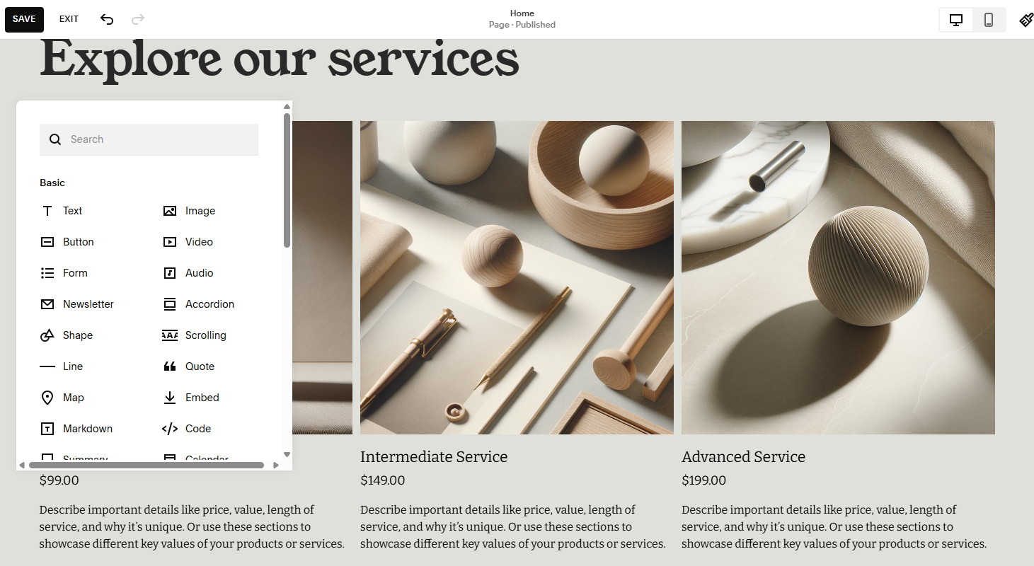 A pop-up menu on Squarespace's site builder