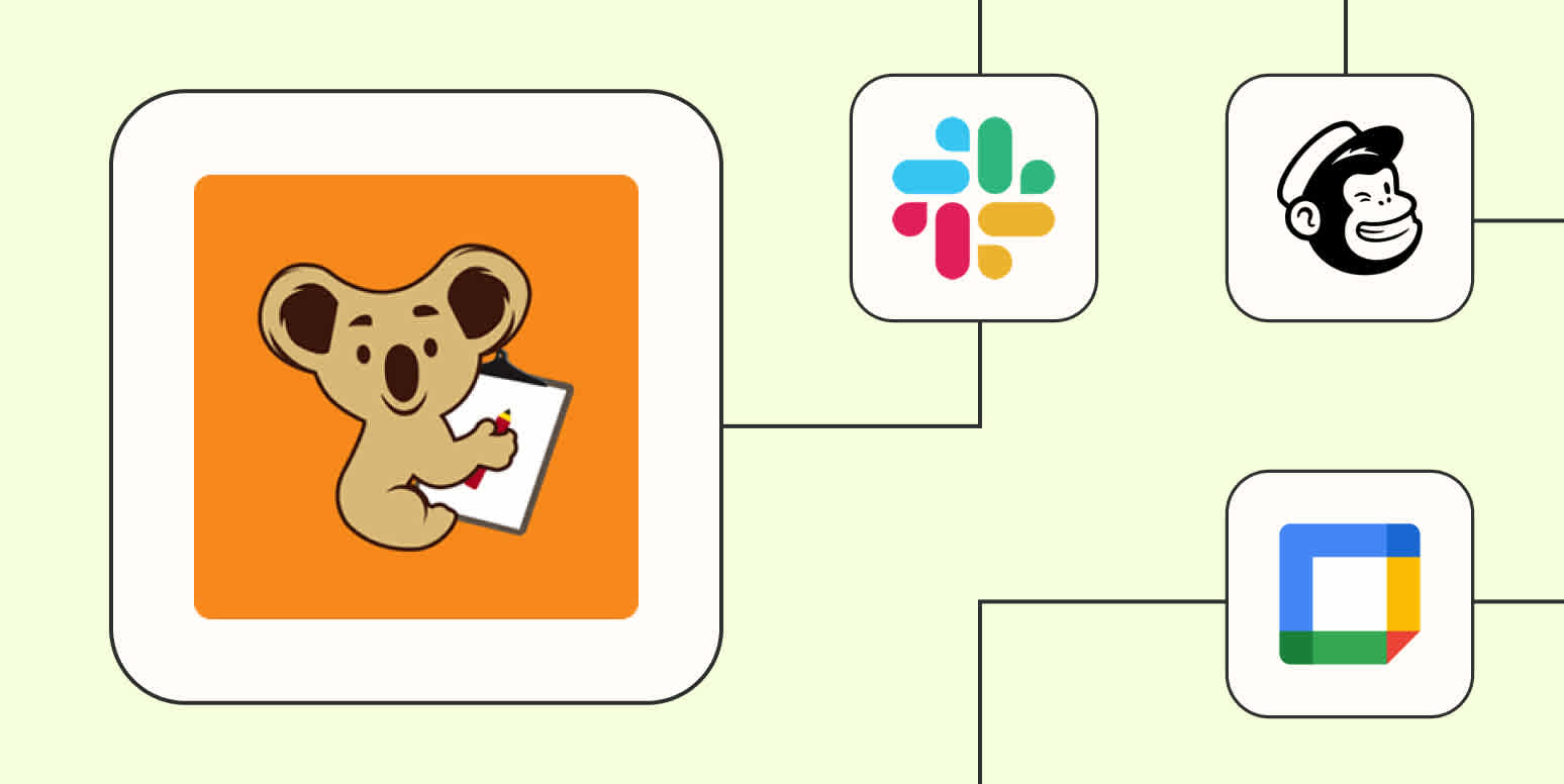 A hero image of the BookingKoala app logo connected to other app logos on a light yellow background.