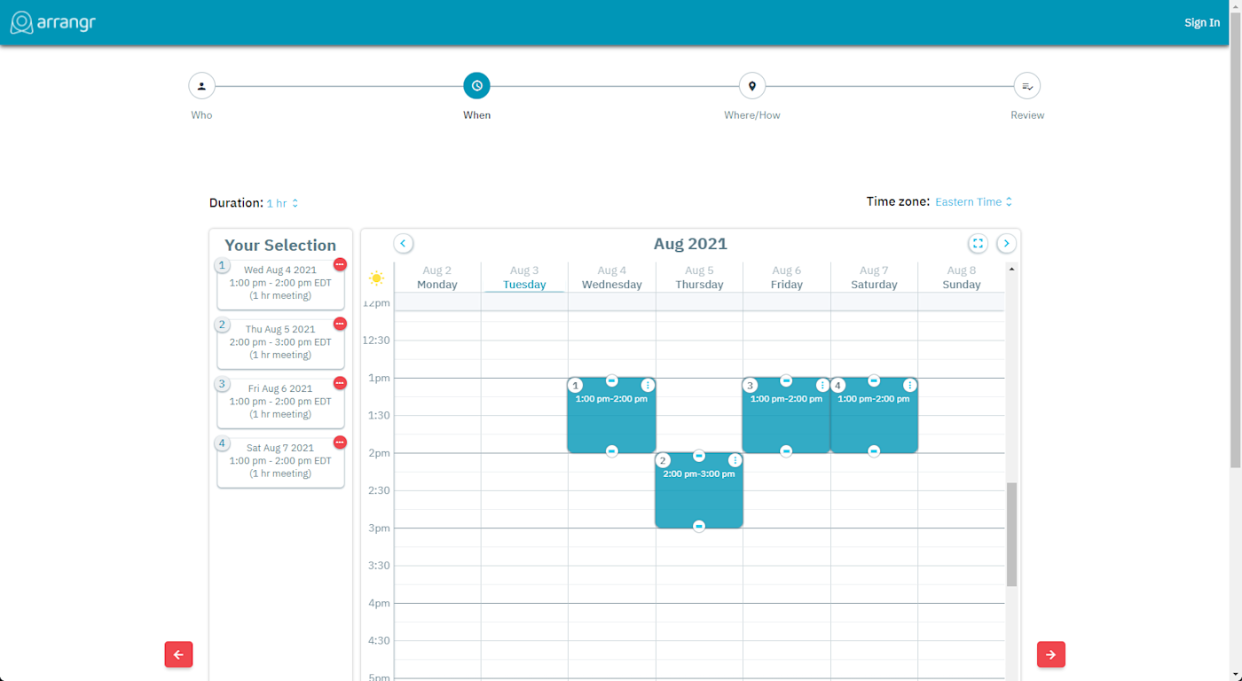 The interface for Arrangr, our pick for the best meeting scheduler app for detailed meeting invites.