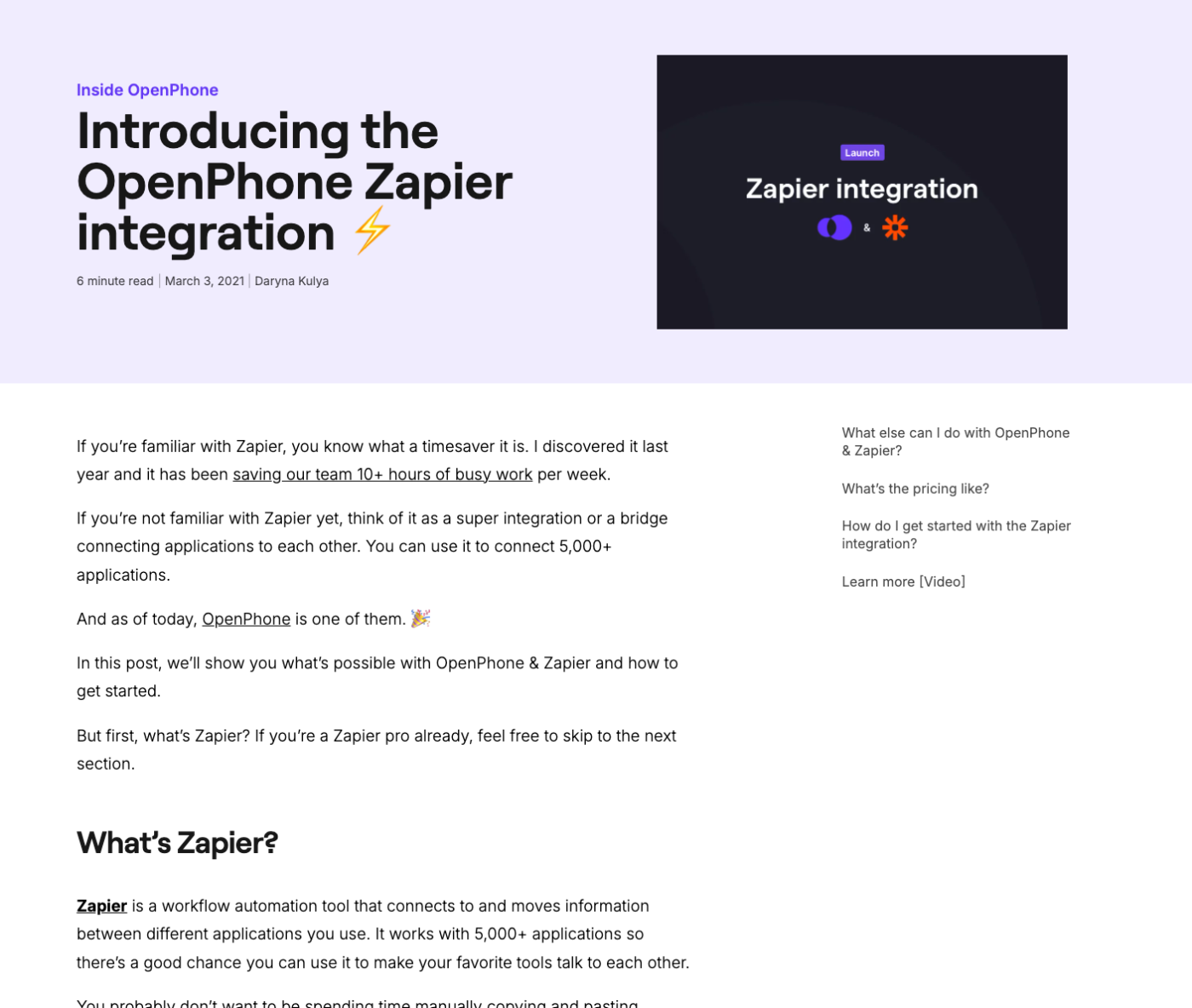 OpenPhone announced their Zapier integration in a blog post.