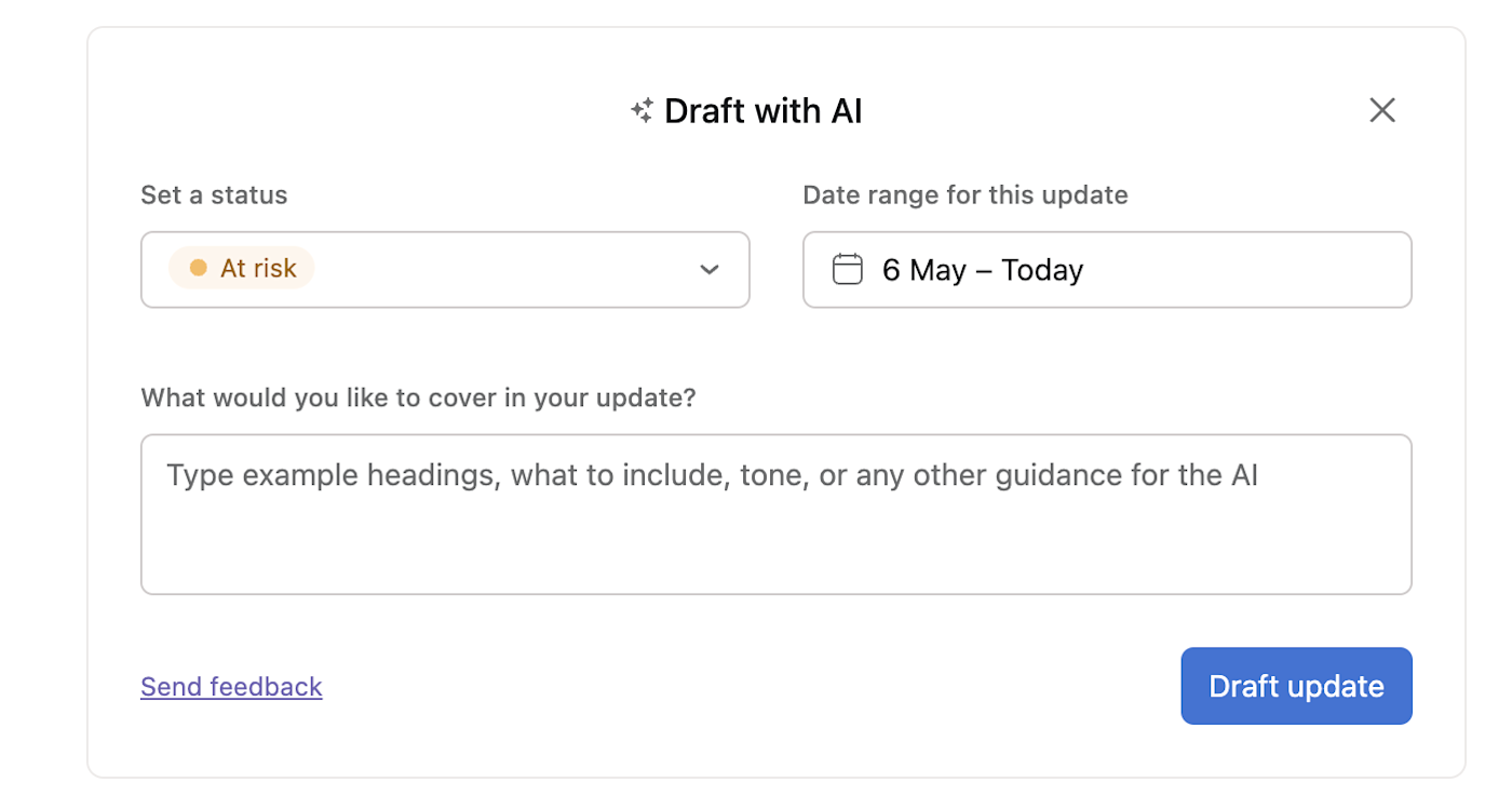 Asana AI's smart status draft with AI modal.