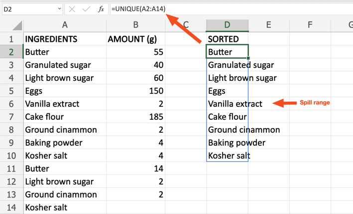 An Excel worksheet with a list of ingredients listed from cells A2 to A14; amount of ingredients in grams from cells B2 to B13; and unique ingredients dynamically spilled from cells D2 to D10. There's a blue border encasing cells D2 to D10 to indicate area is the spill range. The formula =UNIQUE(A2:A14) is highlighted in the formula bar.
