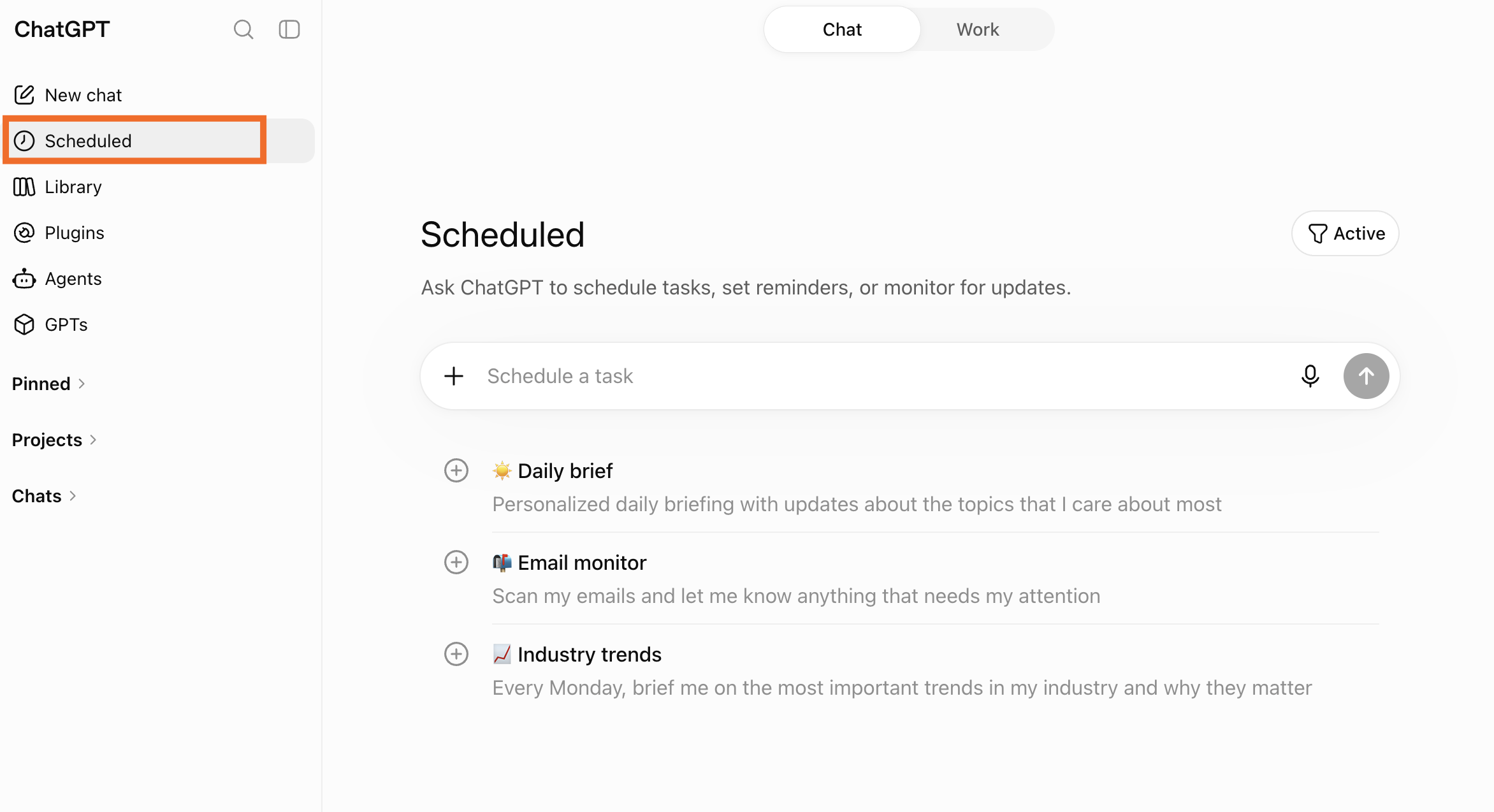 ChatGPT scheduled tasks home page with scheduled highlighted in the side panel.