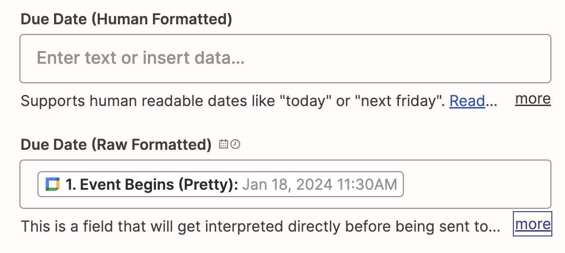 Two due date fields with a date from Google Calendar added to the Due Date Raw Formatted field.