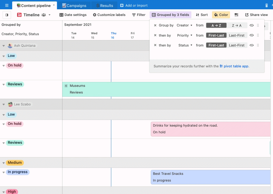 Airtable timeline view, with groupings