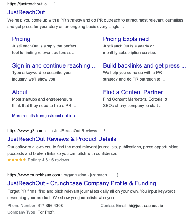 The results from searching justreachout on Google, showing review sites in the first few results.